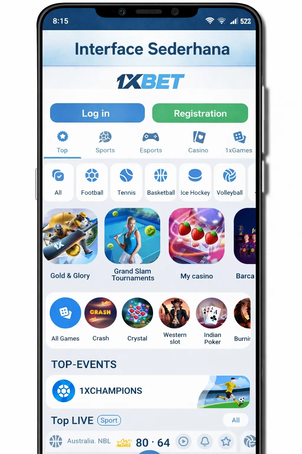 	Antarmuka sederhana 1xBet: login, registrasi, dan menu olahraga
