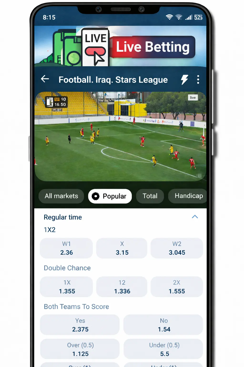 	Taruhan live 1xBet real-time dengan odds dan pasar pertandingan